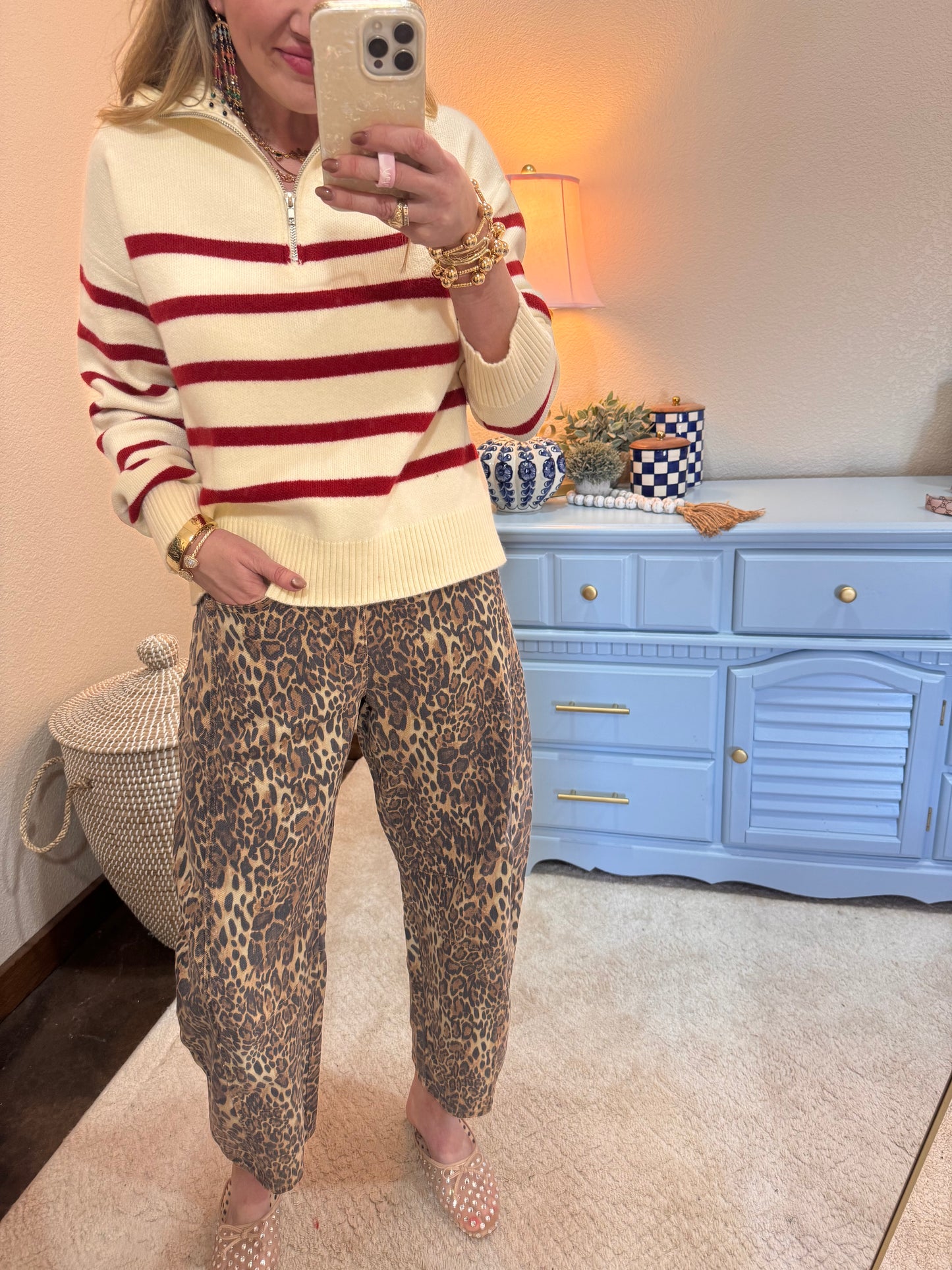 Red & Cream Half Zip Sweater