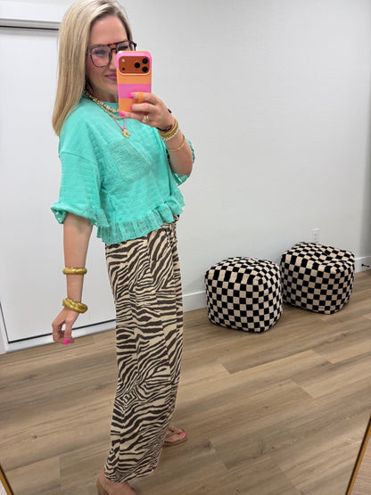 Zebra Brown & Beige Print Pull-on Barrel Leg Pants