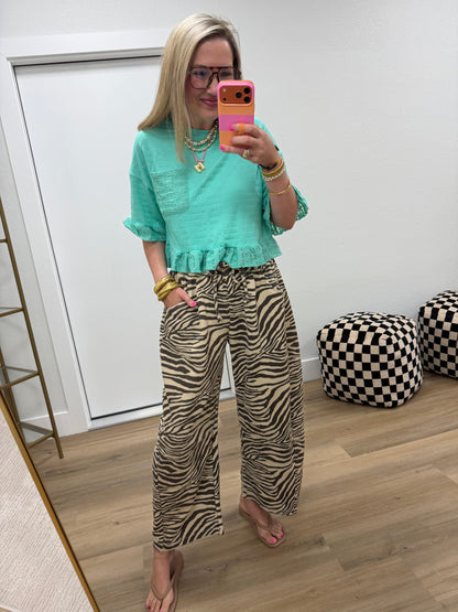 Zebra Brown & Beige Print Pull-on Barrel Leg Pants