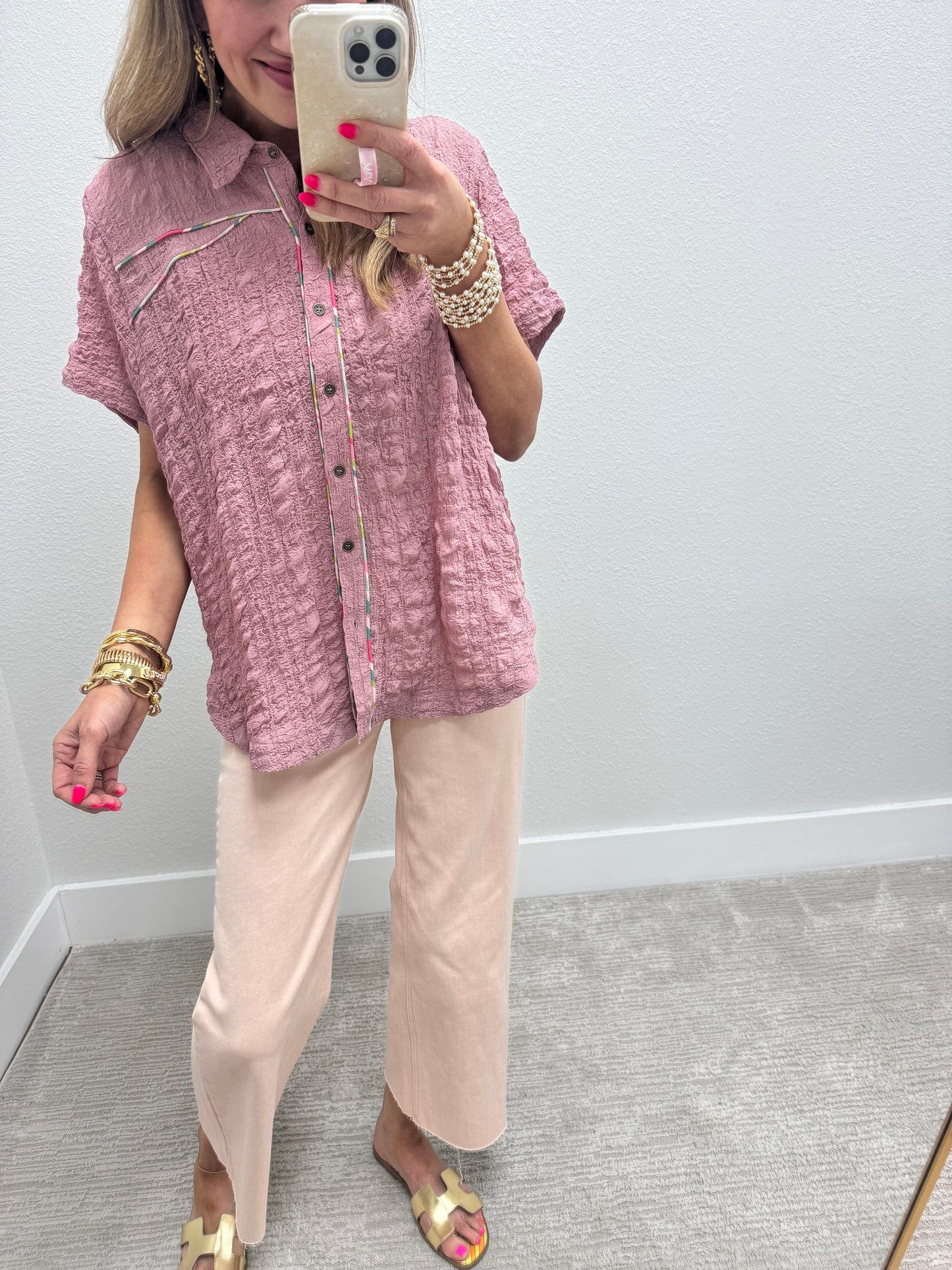 Mauve Crinkly Texture Piping Top