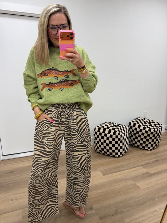Zebra Brown & Beige Print Pull-on Barrel Leg Pants