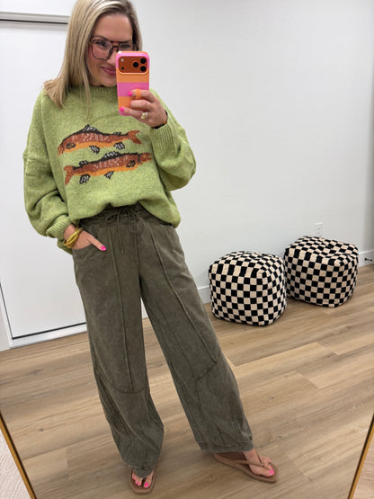 Olive Mineral-Wash French Terry Drawstring Barrel Pants