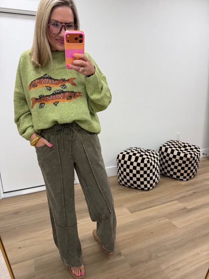 Olive Mineral-Wash French Terry Drawstring Barrel Pants