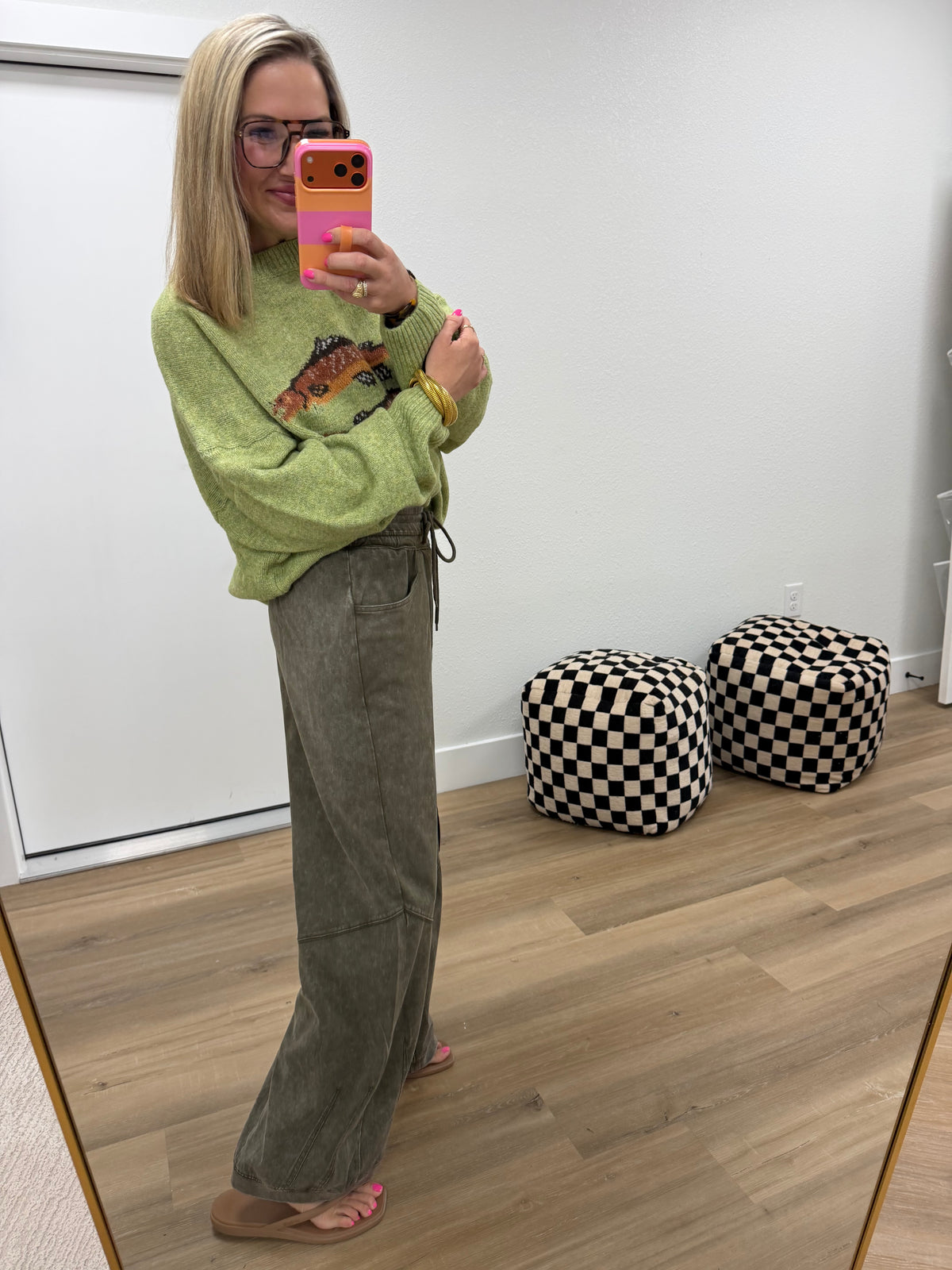 Olive Mineral-Wash French Terry Drawstring Barrel Pants
