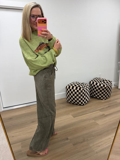 Olive Mineral-Wash French Terry Drawstring Barrel Pants
