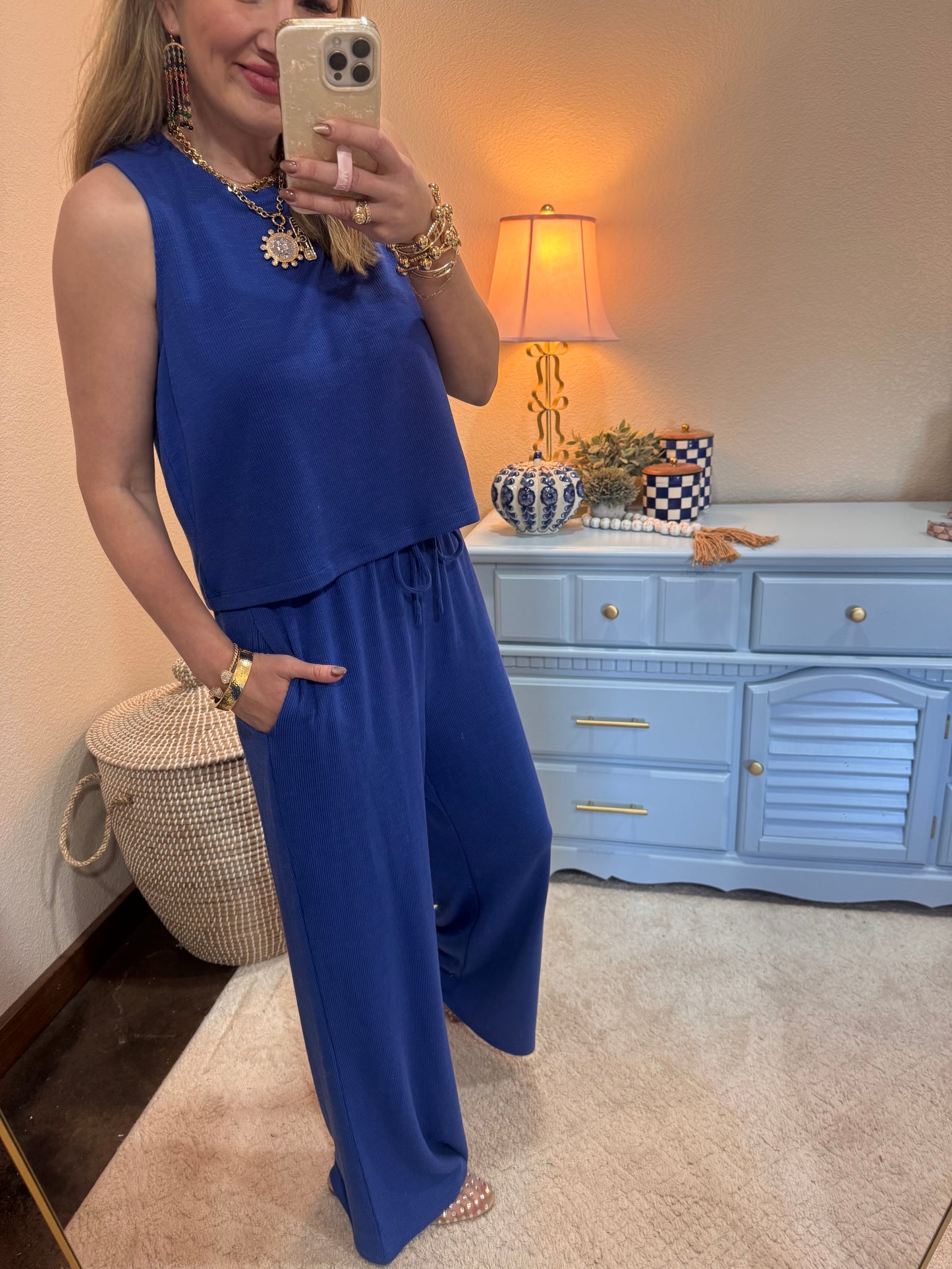 Blue Ribbed Pant Set