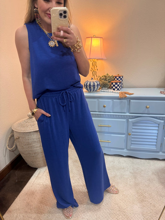 Blue Ribbed Pant Set