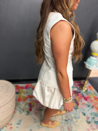 Off White Shell Button Sleeveless Top