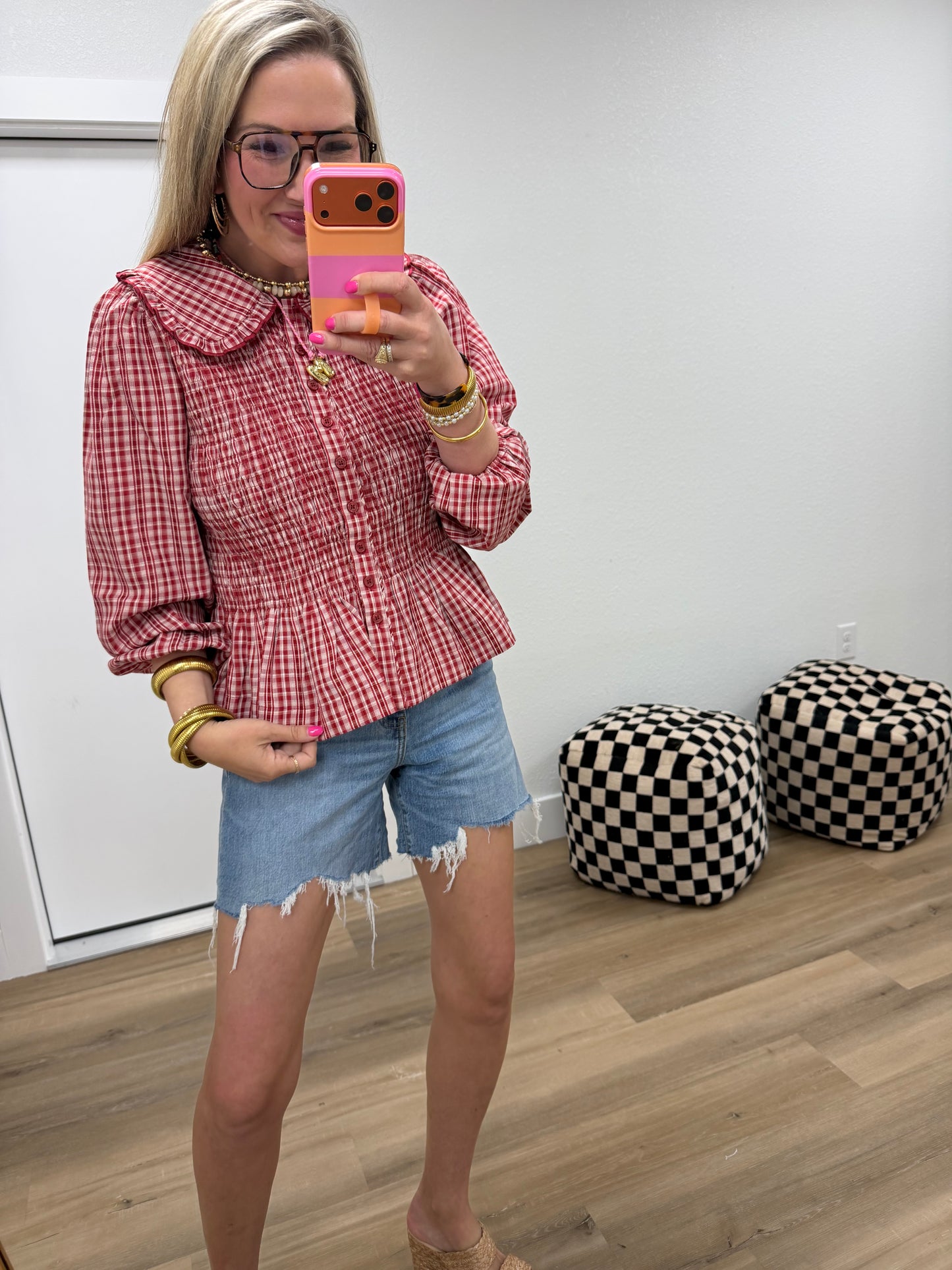 Red Smocked Button Down Plaid Top