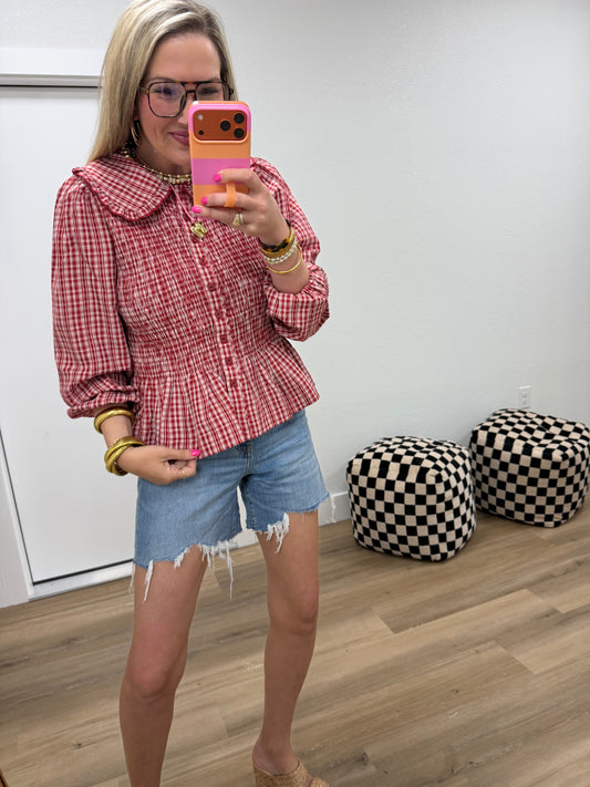 Red Smocked Button Down Plaid Top