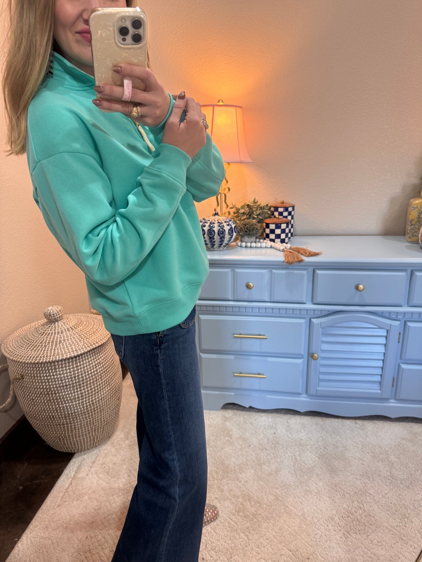 Turquoise Fleece Half Zip Sweatshirt
