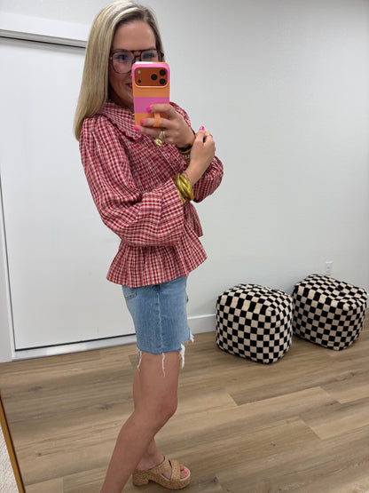 Red Smocked Button Down Plaid Top