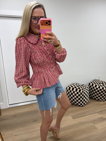 Red Smocked Button Down Plaid Top