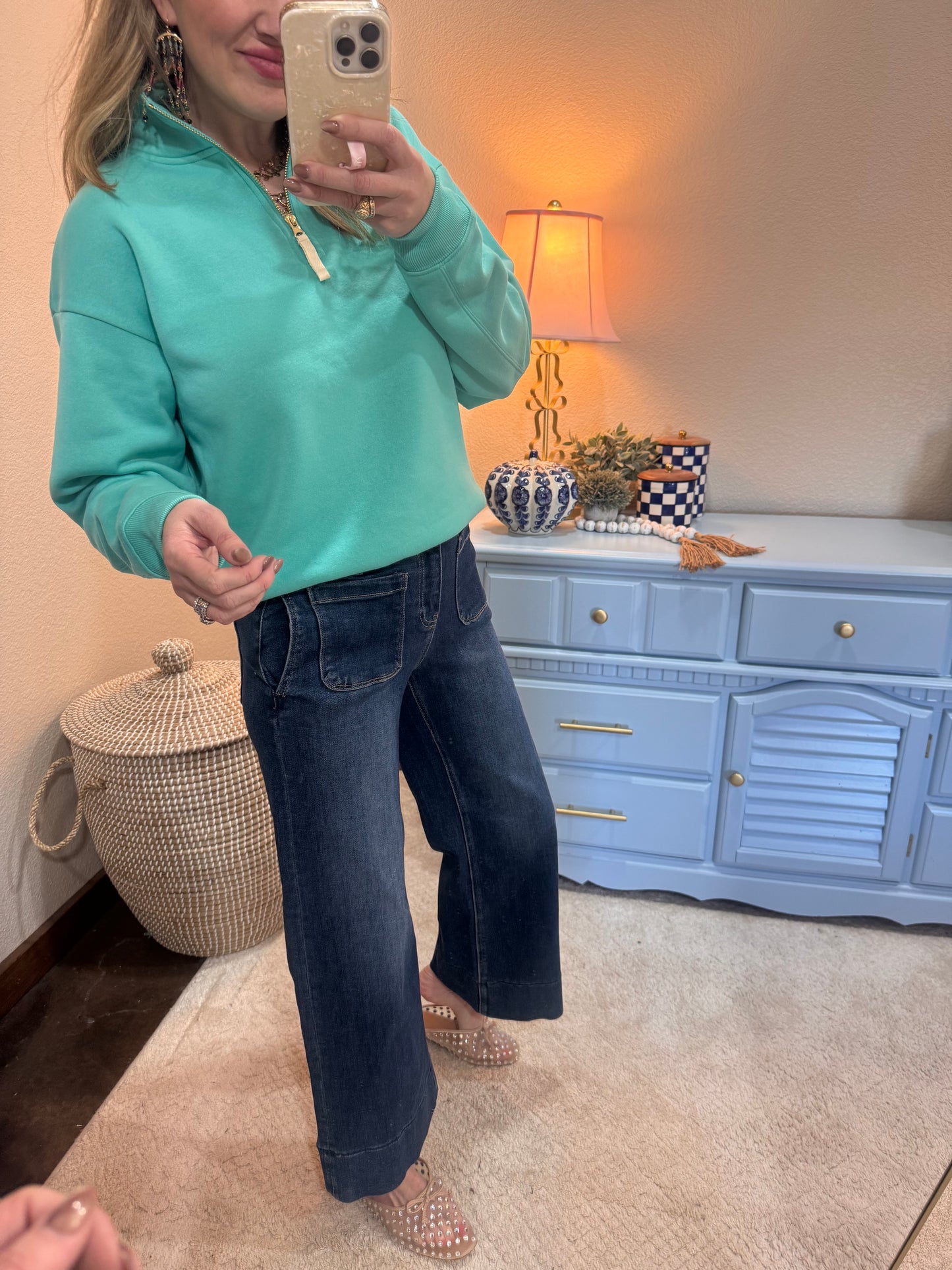 Turquoise Fleece Half Zip Sweatshirt