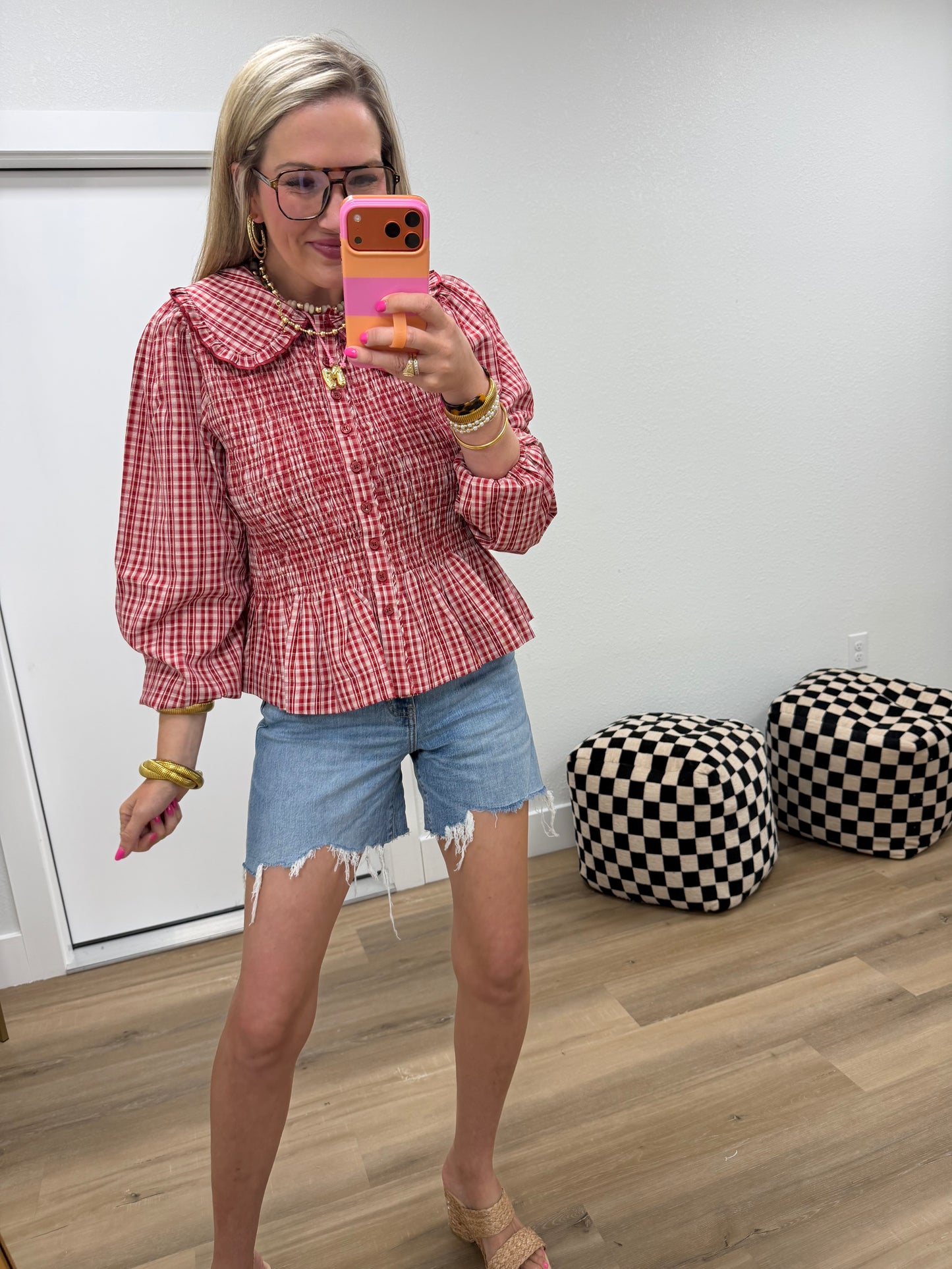 Red Smocked Button Down Plaid Top