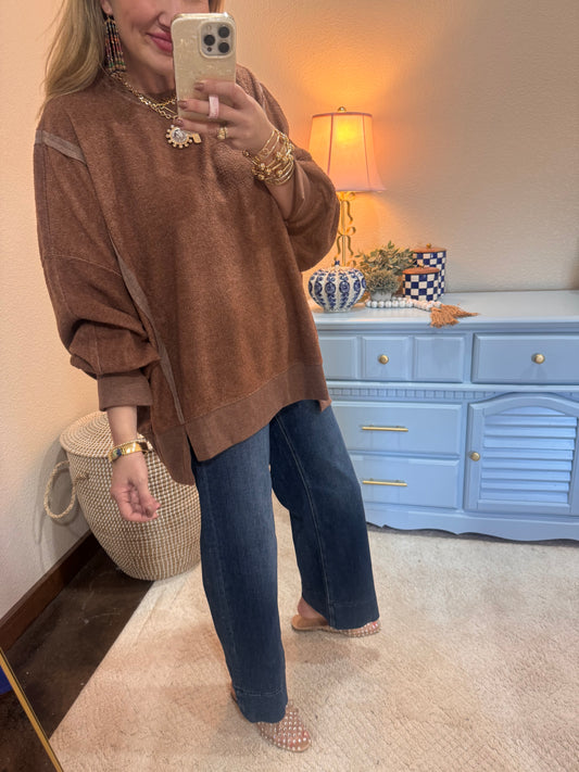 Brown Fleece Split Hem Pullover