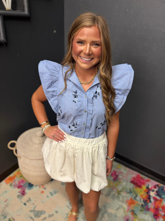 Denim Floral Embroidered Ruffle Neck Top