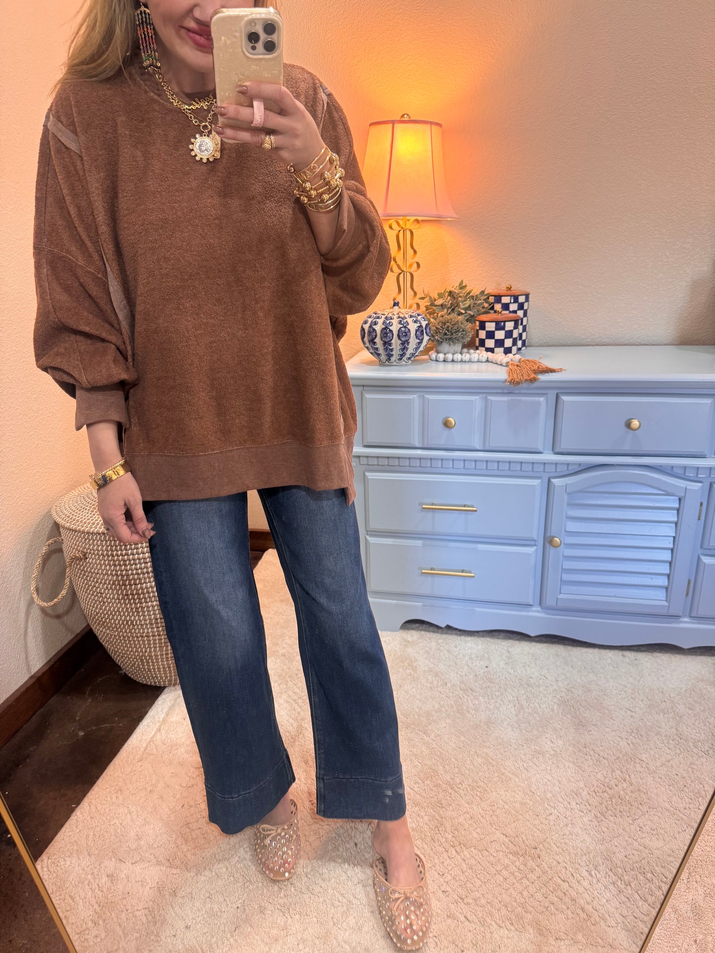 Brown Fleece Split Hem Pullover