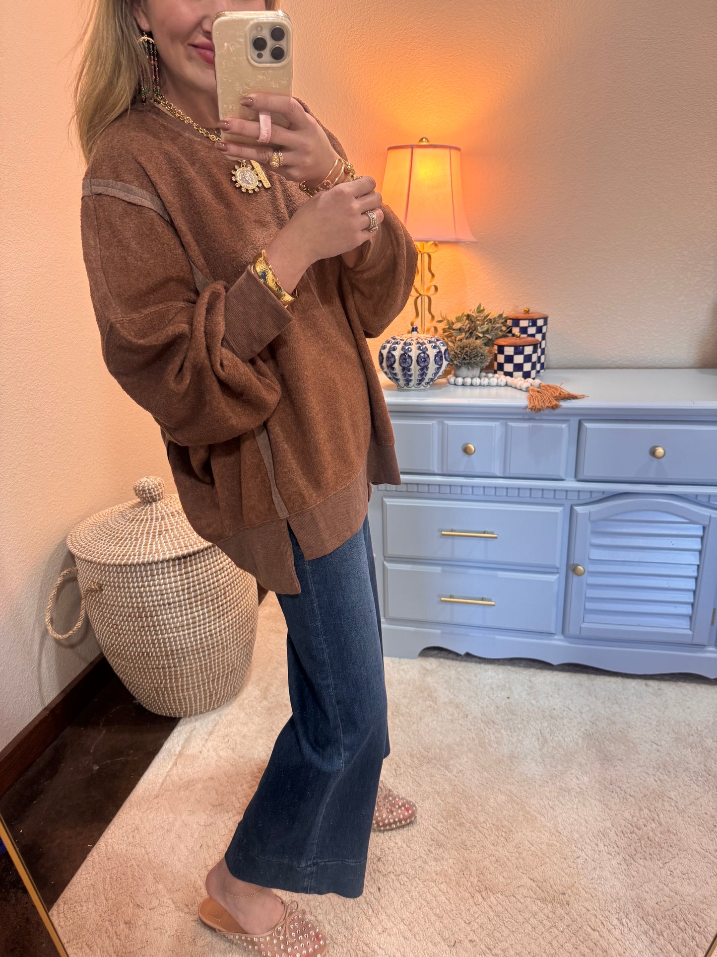 Brown Fleece Split Hem Pullover