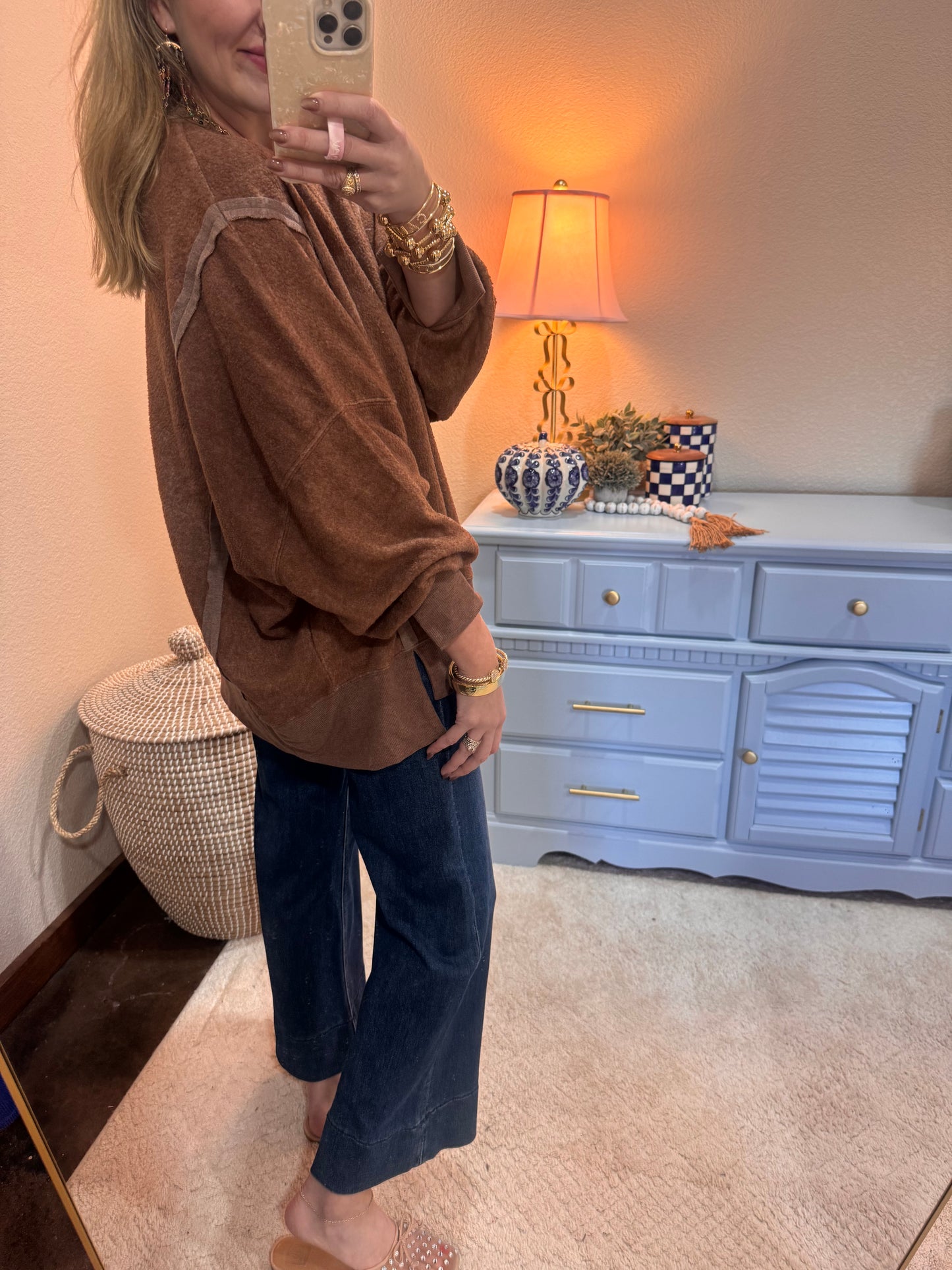 Brown Fleece Split Hem Pullover