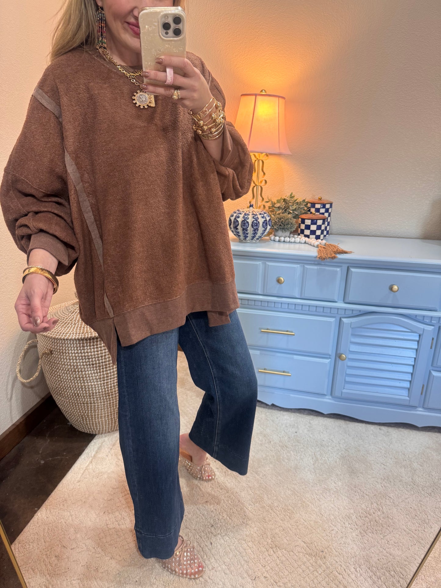 Brown Fleece Split Hem Pullover