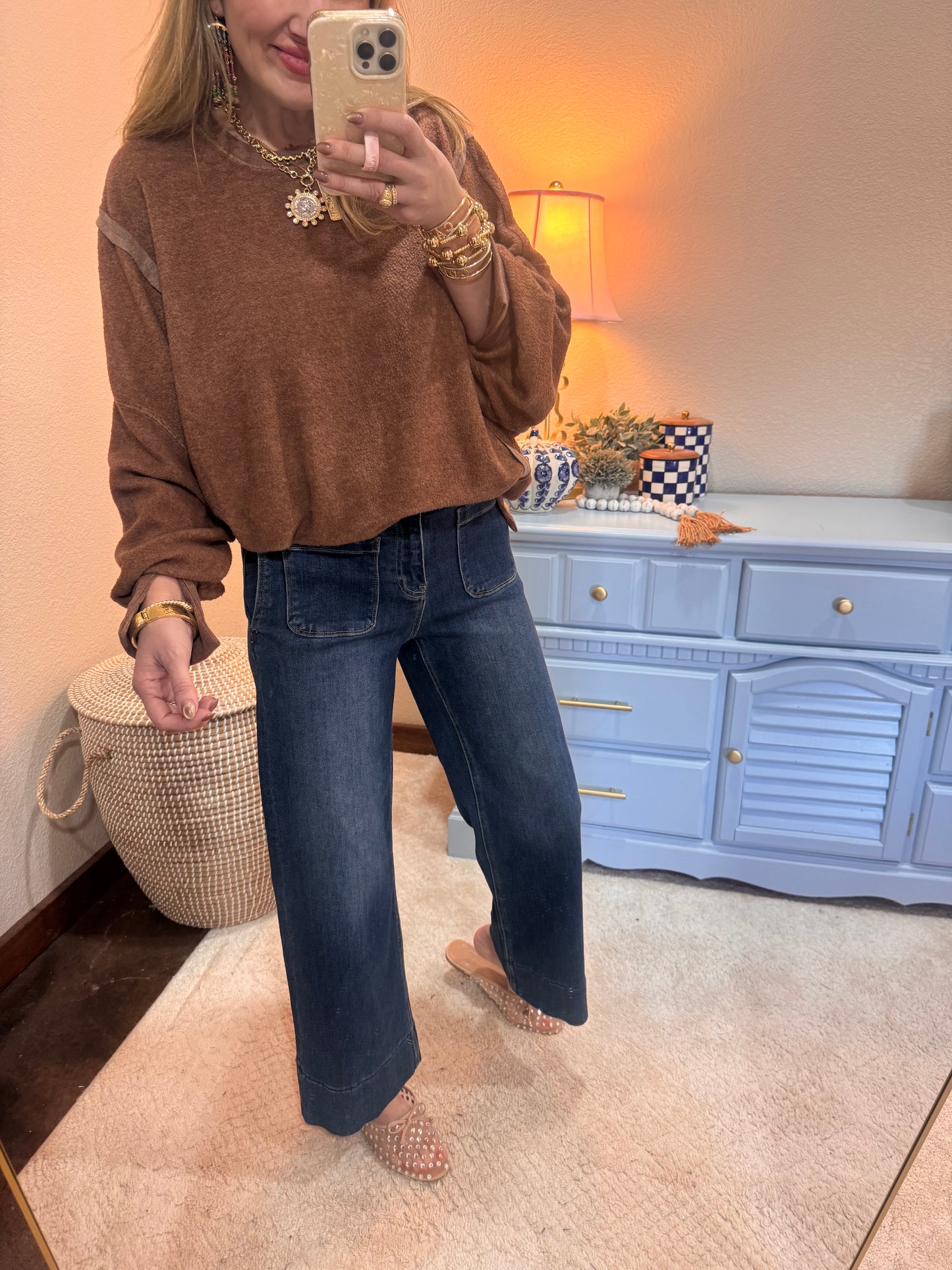 Brown Fleece Split Hem Pullover