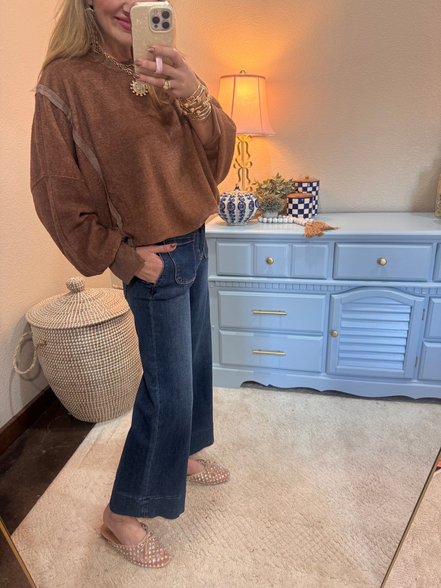 Brown Fleece Split Hem Pullover