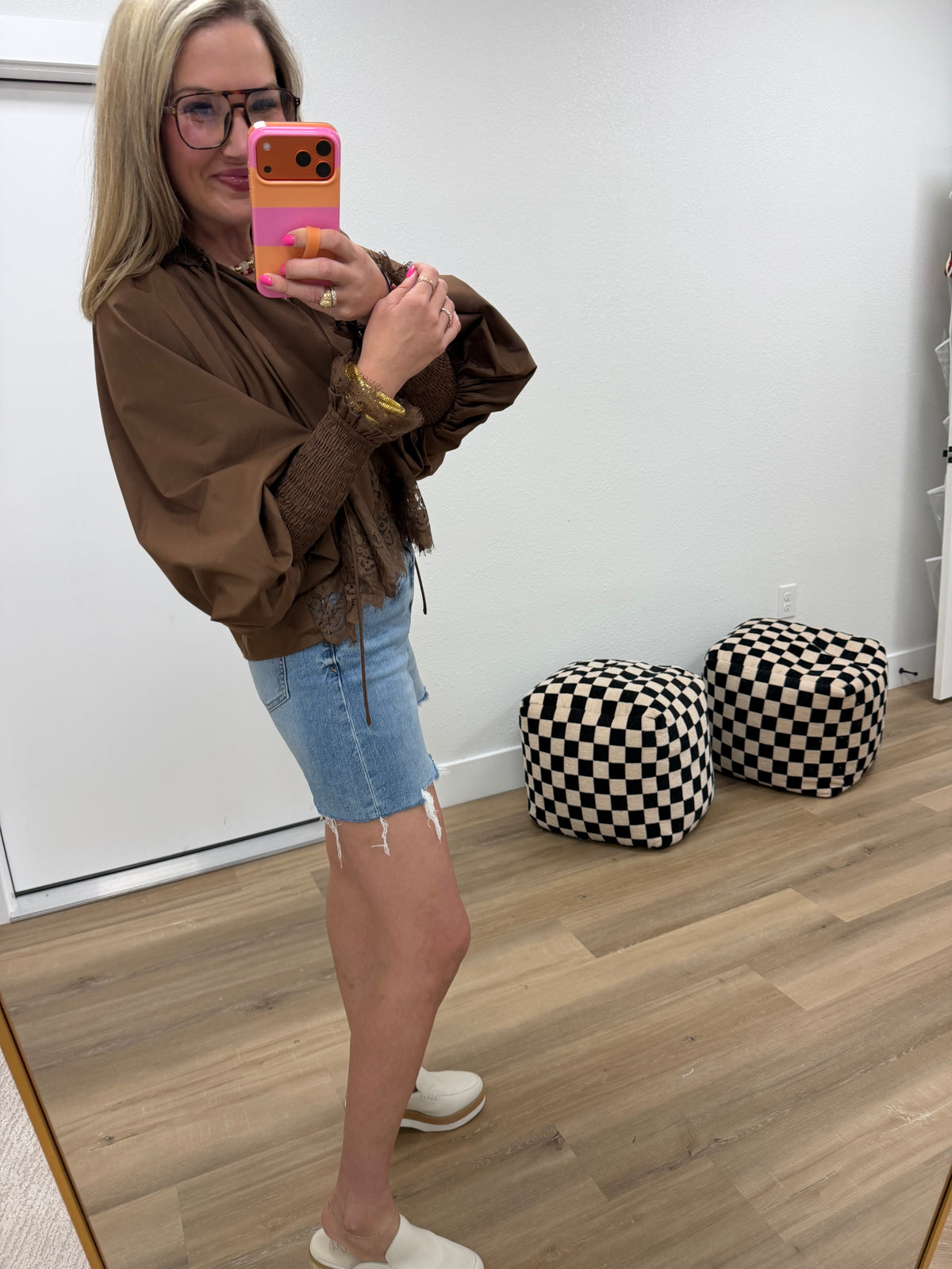 Brown Lace Puff Sleeve Blouse
