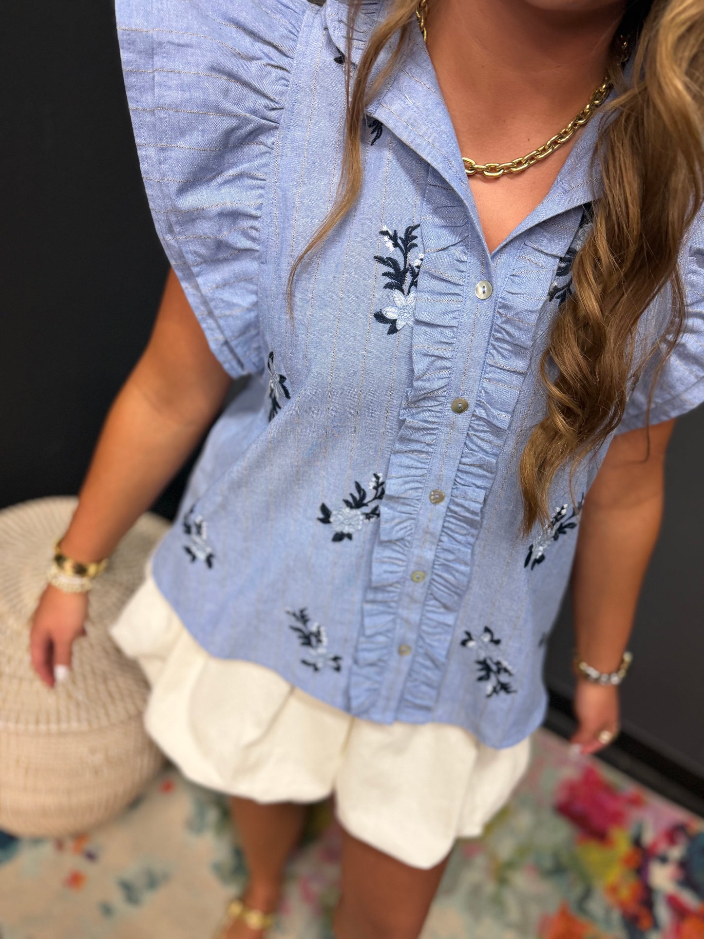 Denim Floral Embroidered Ruffle Neck Top