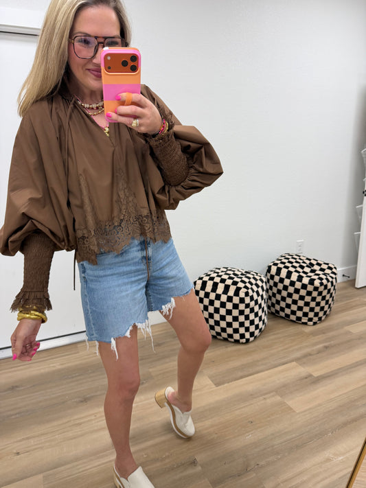 Brown Lace Puff Sleeve Blouse