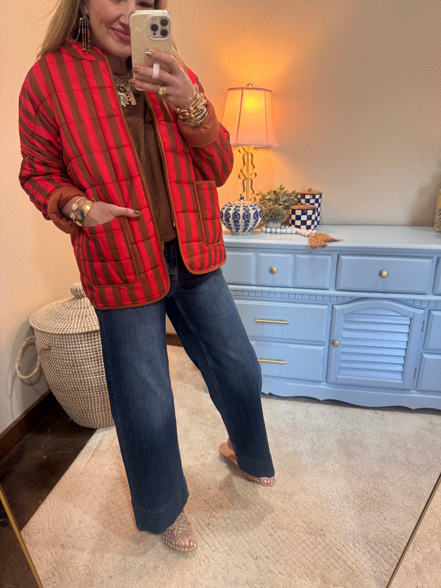 Red Stripe Print Quilted Oversized Jacket