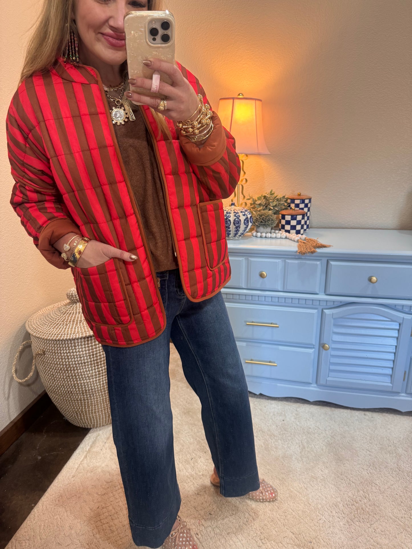 Red Stripe Print Quilted Oversized Jacket