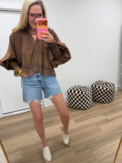 Brown Lace Puff Sleeve Blouse