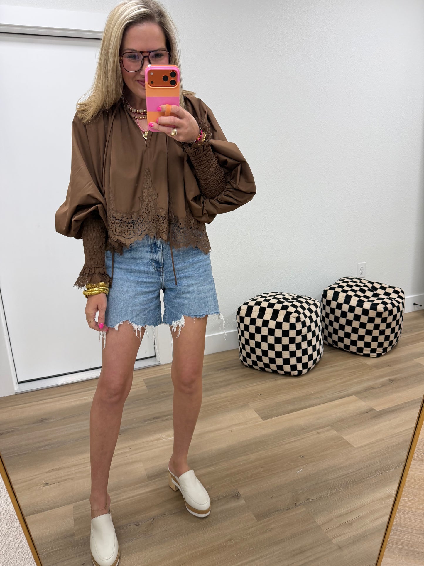 Brown Lace Puff Sleeve Blouse