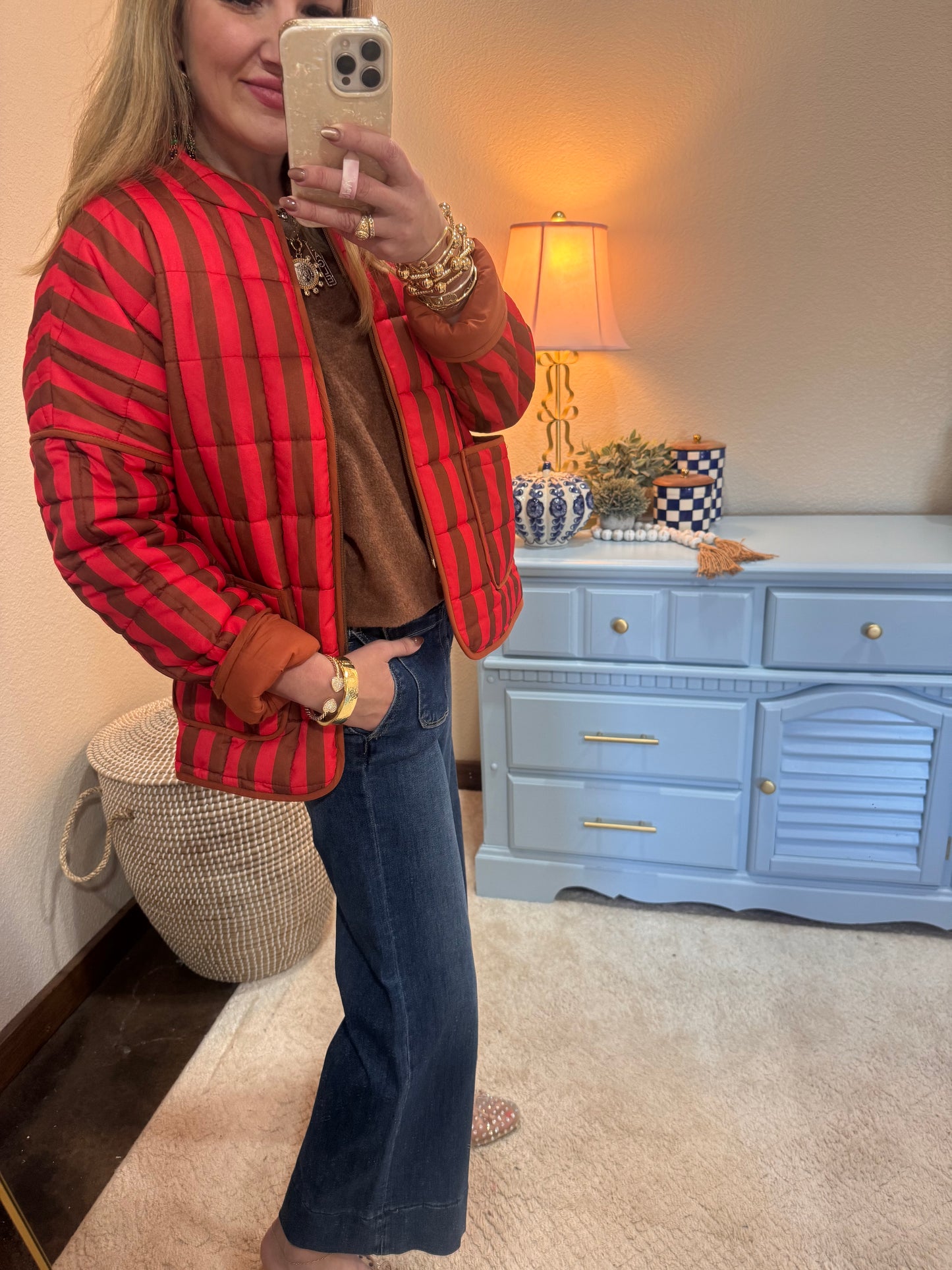 Red Stripe Print Quilted Oversized Jacket