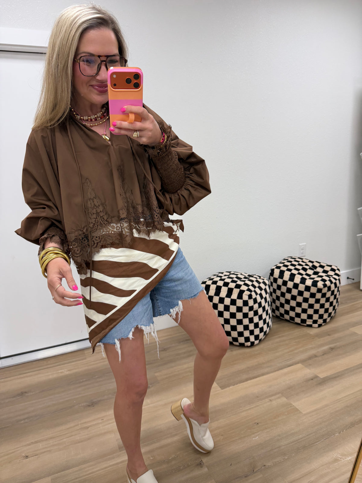 Brown Lace Puff Sleeve Blouse
