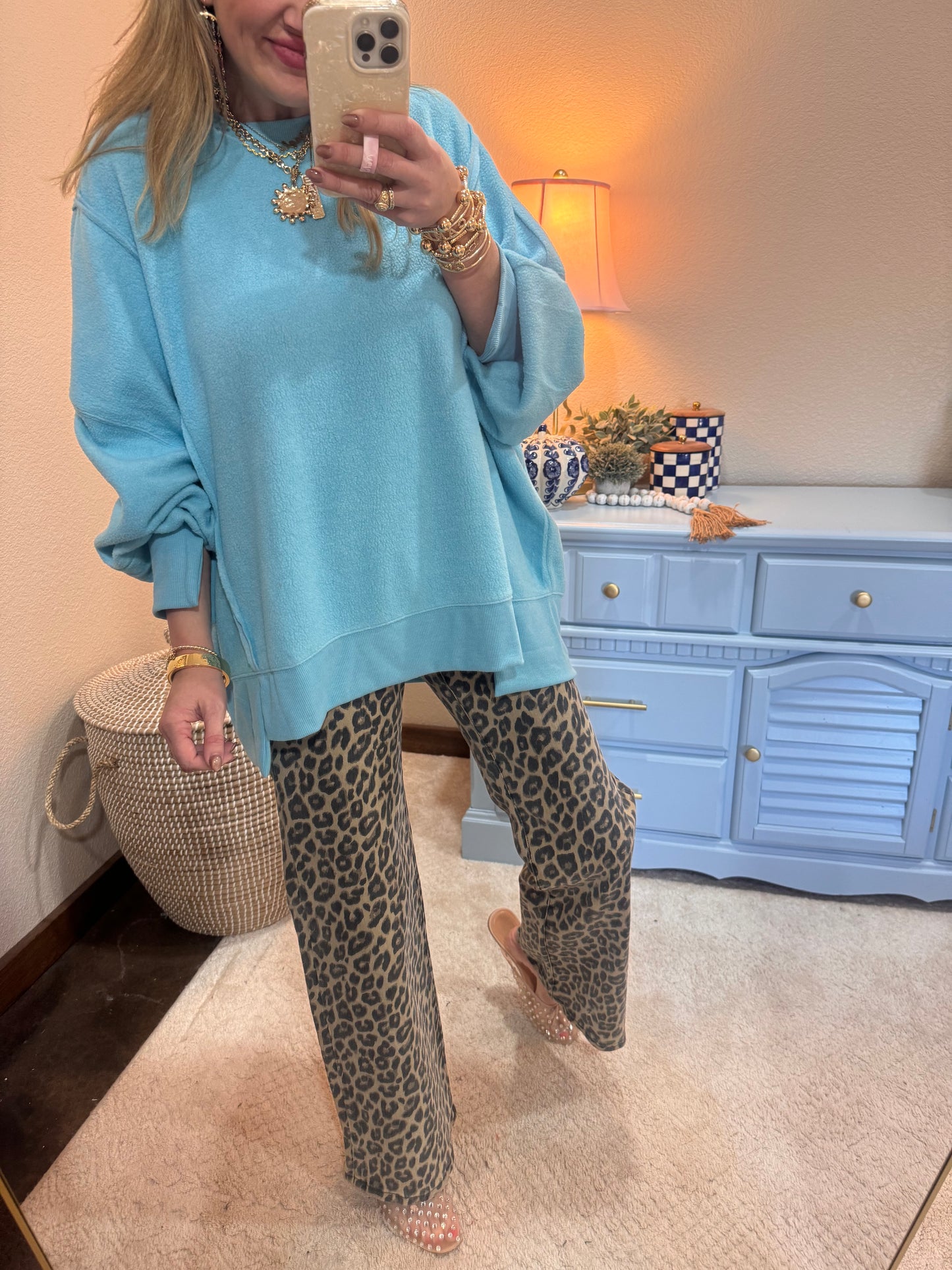 Turquoise Fleece Split Hem Pullover