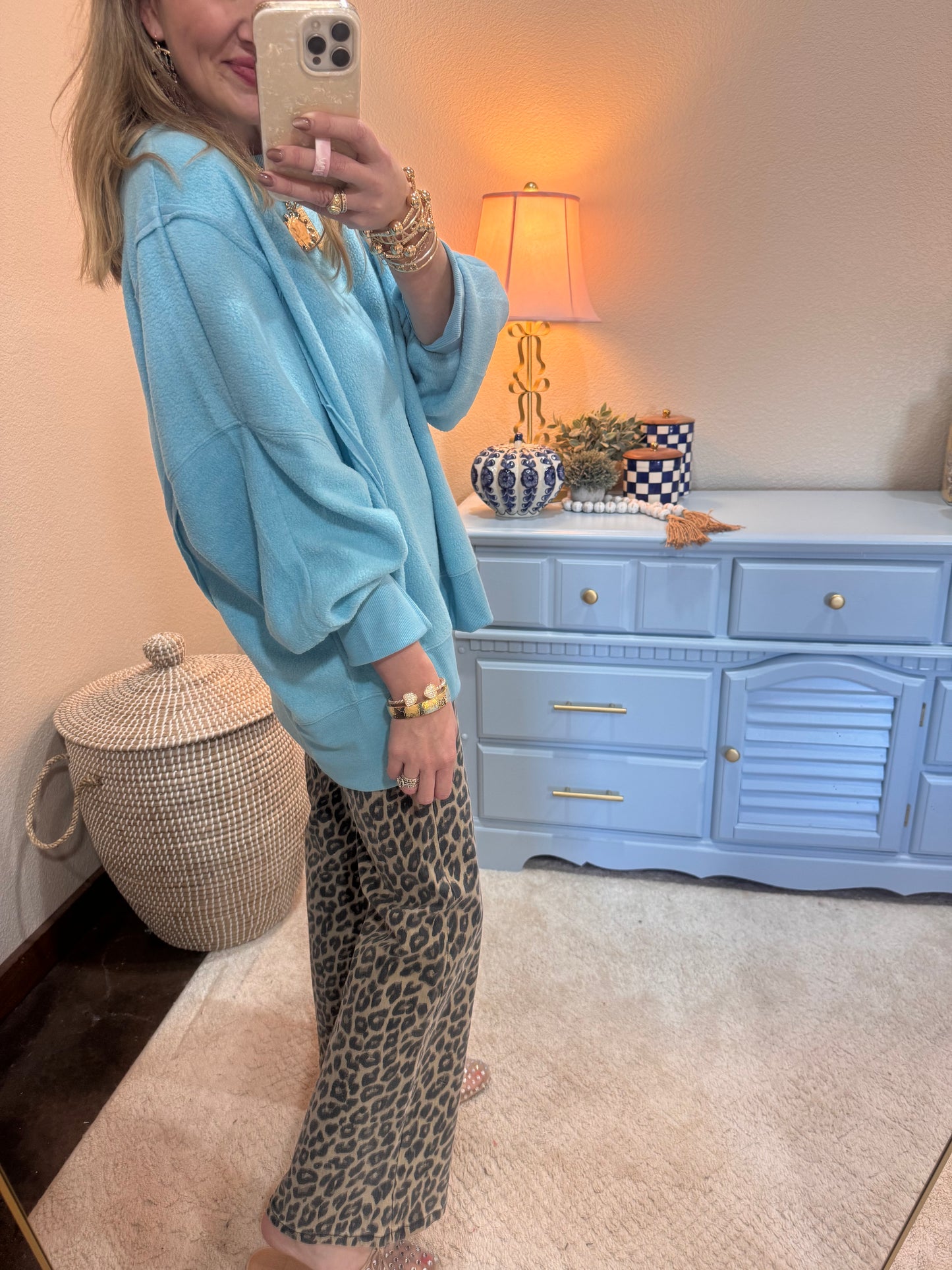Turquoise Fleece Split Hem Pullover