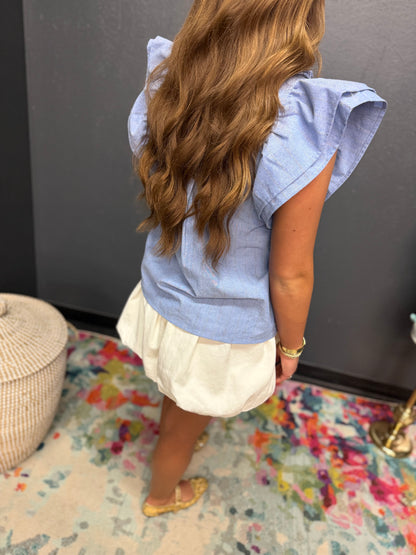 Denim Floral Embroidered Ruffle Neck Top