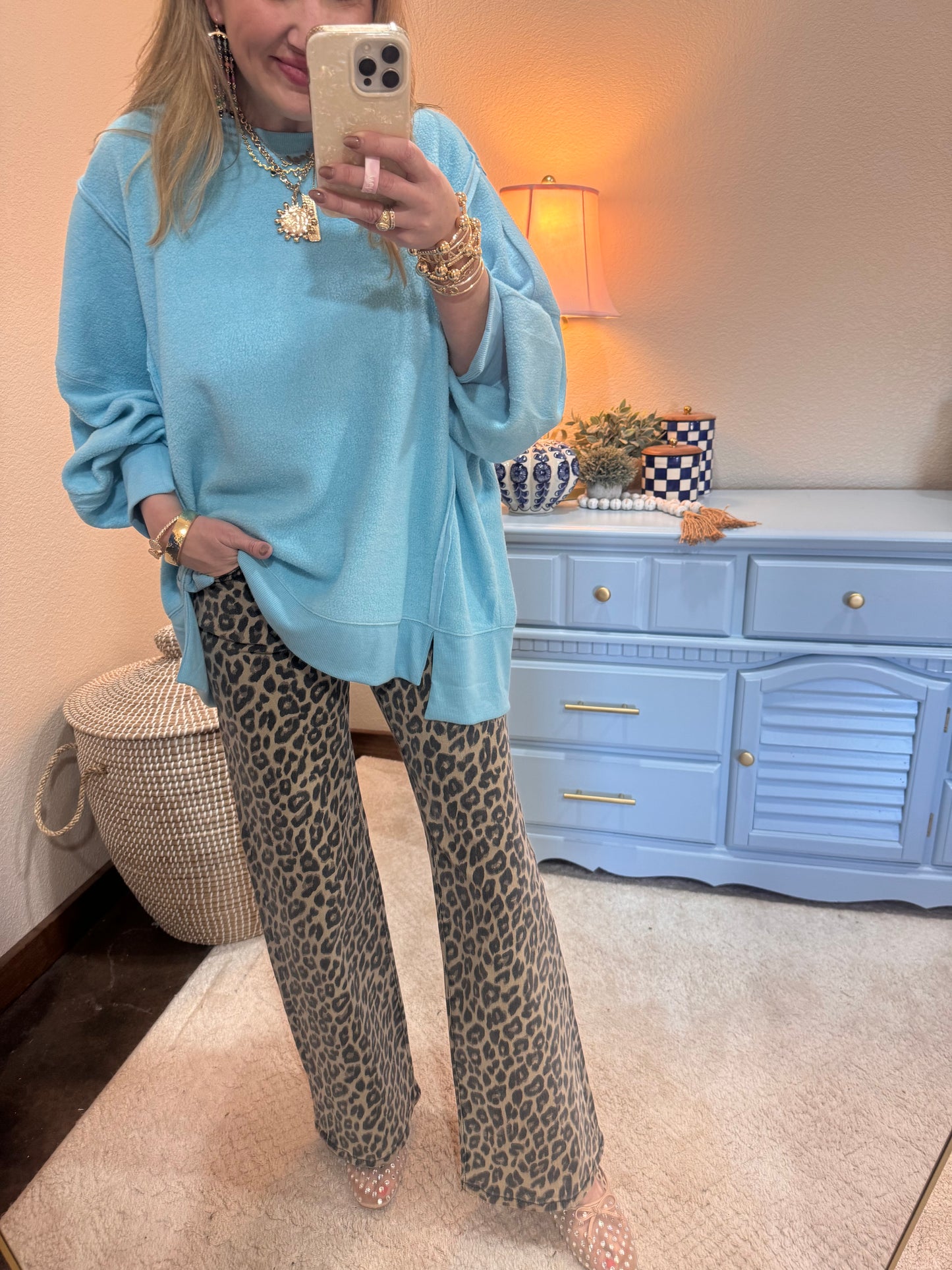 Turquoise Fleece Split Hem Pullover
