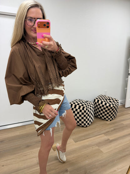 Brown Lace Puff Sleeve Blouse
