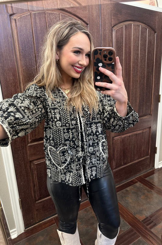 Black and Cream Heart Front Tie Top
