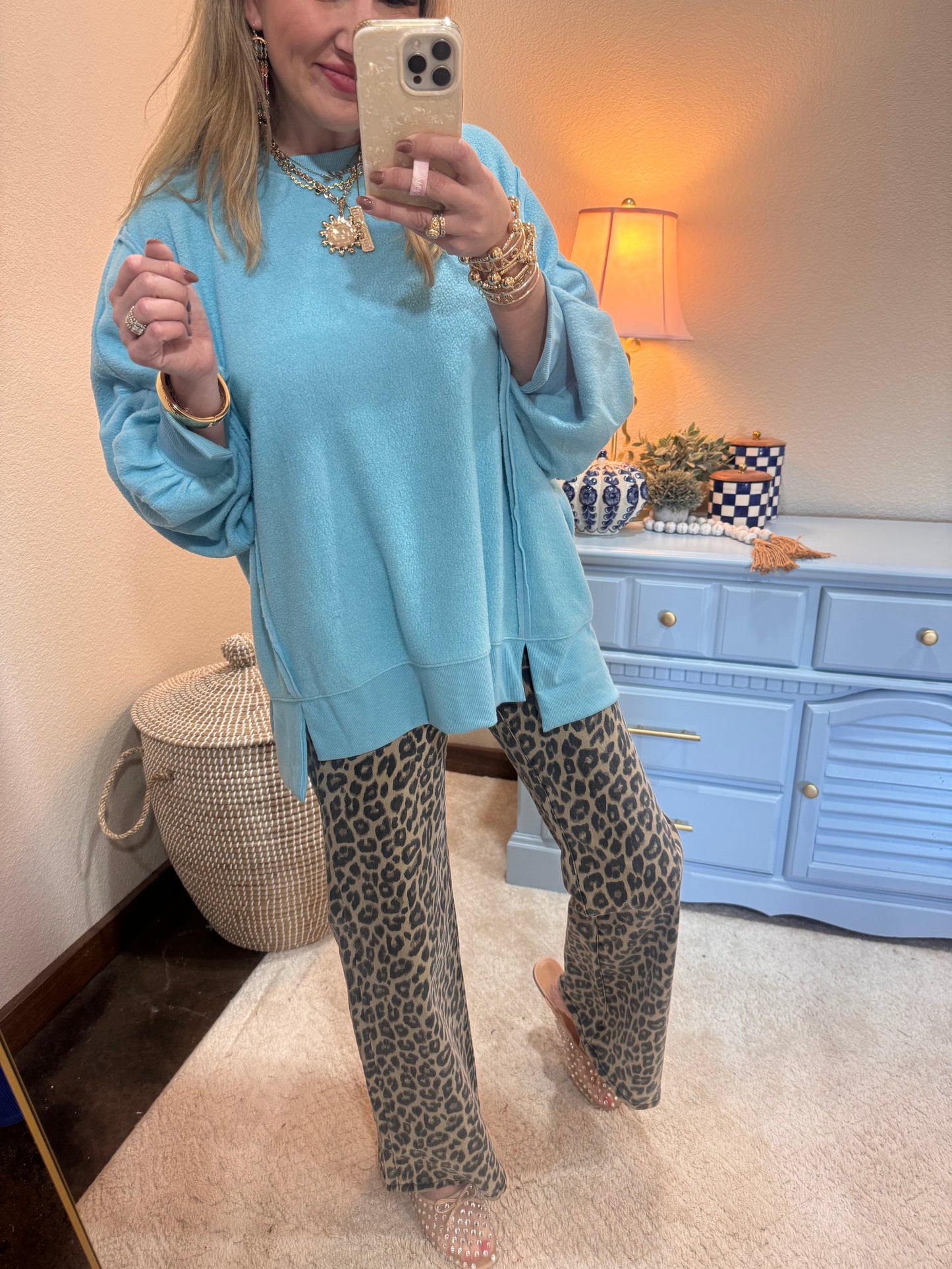Turquoise Fleece Split Hem Pullover
