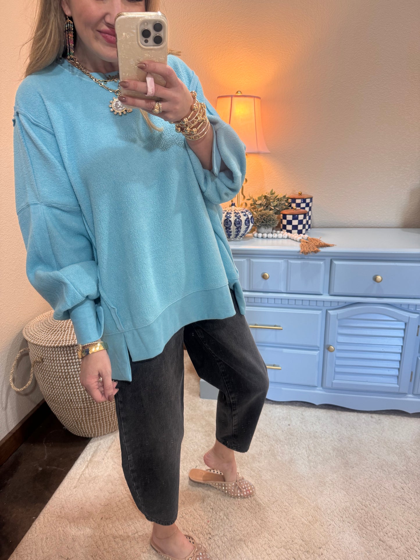 Turquoise Fleece Split Hem Pullover