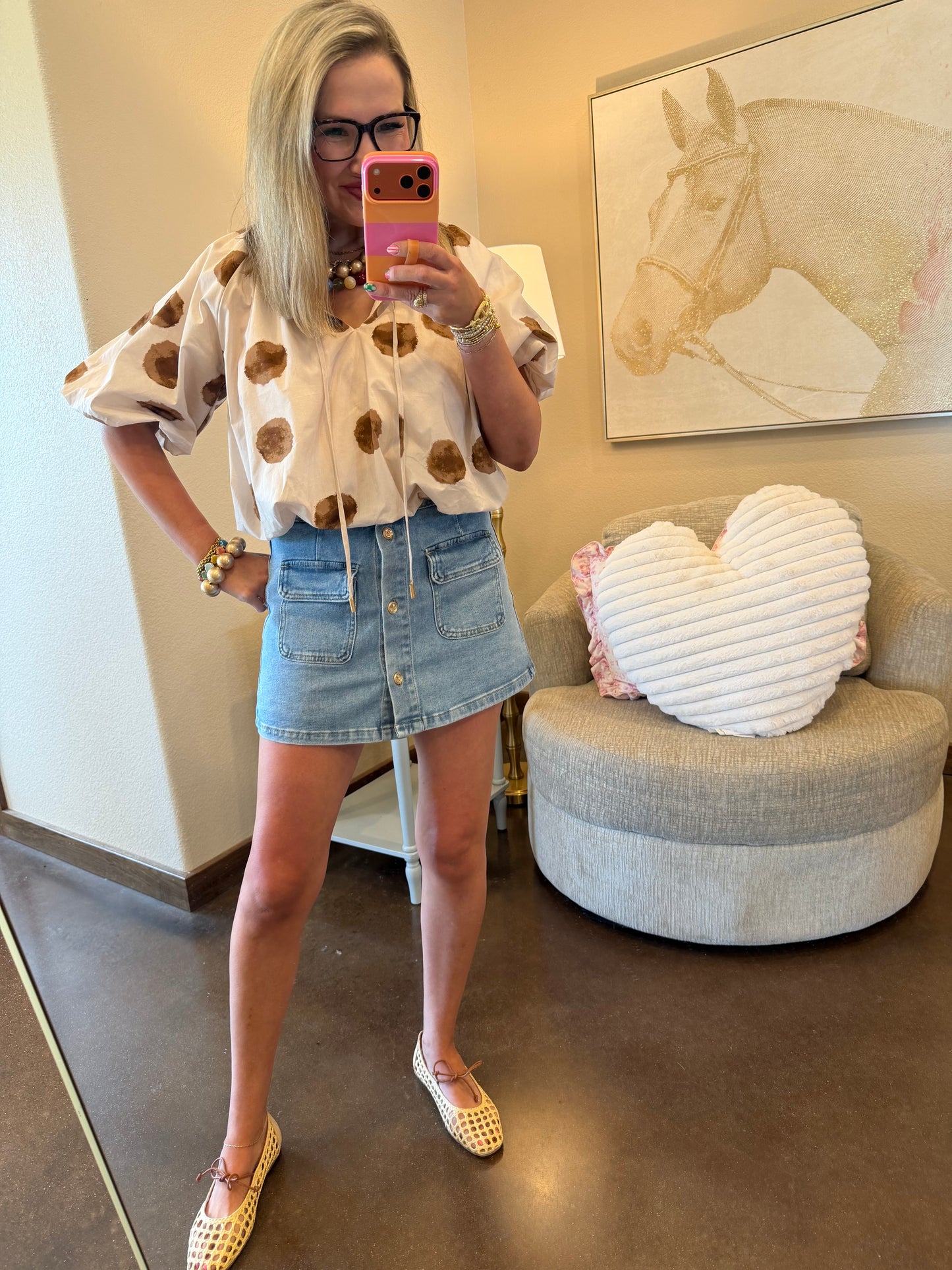 Ecru Brown Polka Dot Bubble Top