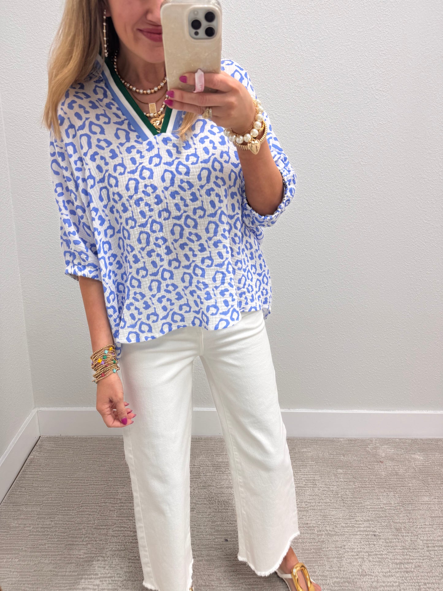 Blue Leopard Gauze Dolman Sleeve Top