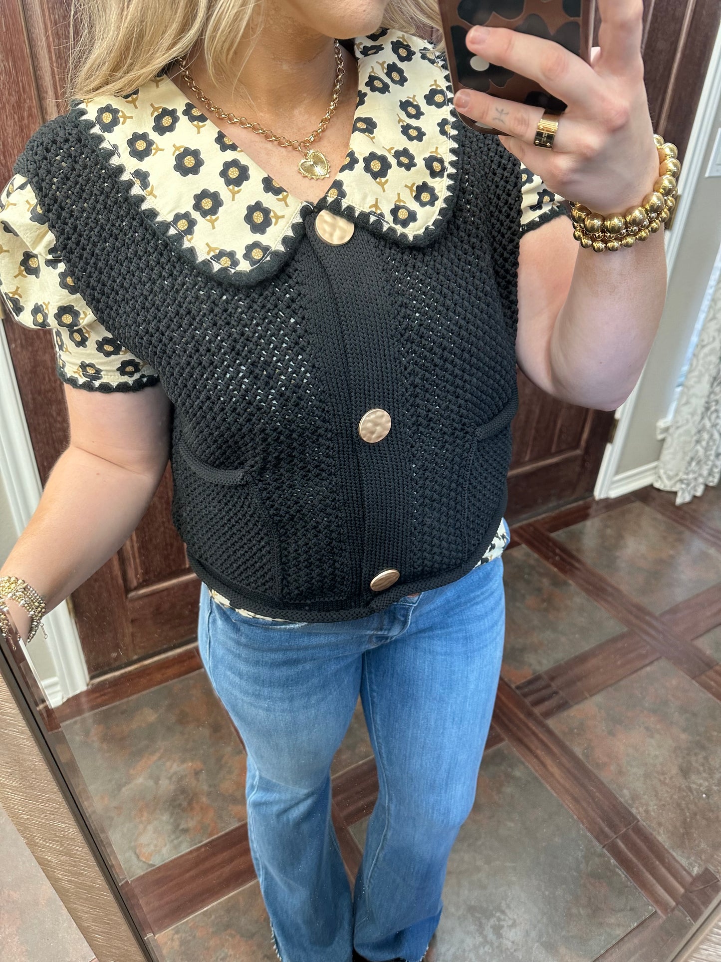 Black Knit Gold Button Top