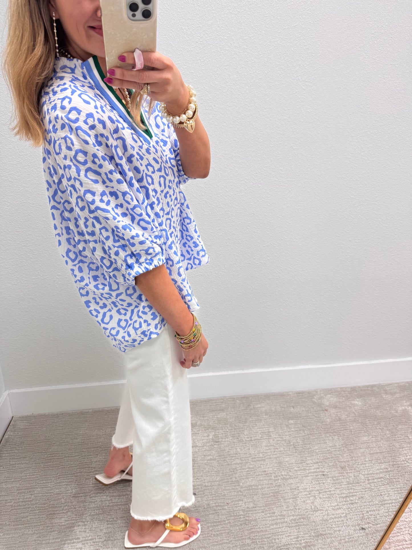 Blue Leopard Gauze Dolman Sleeve Top