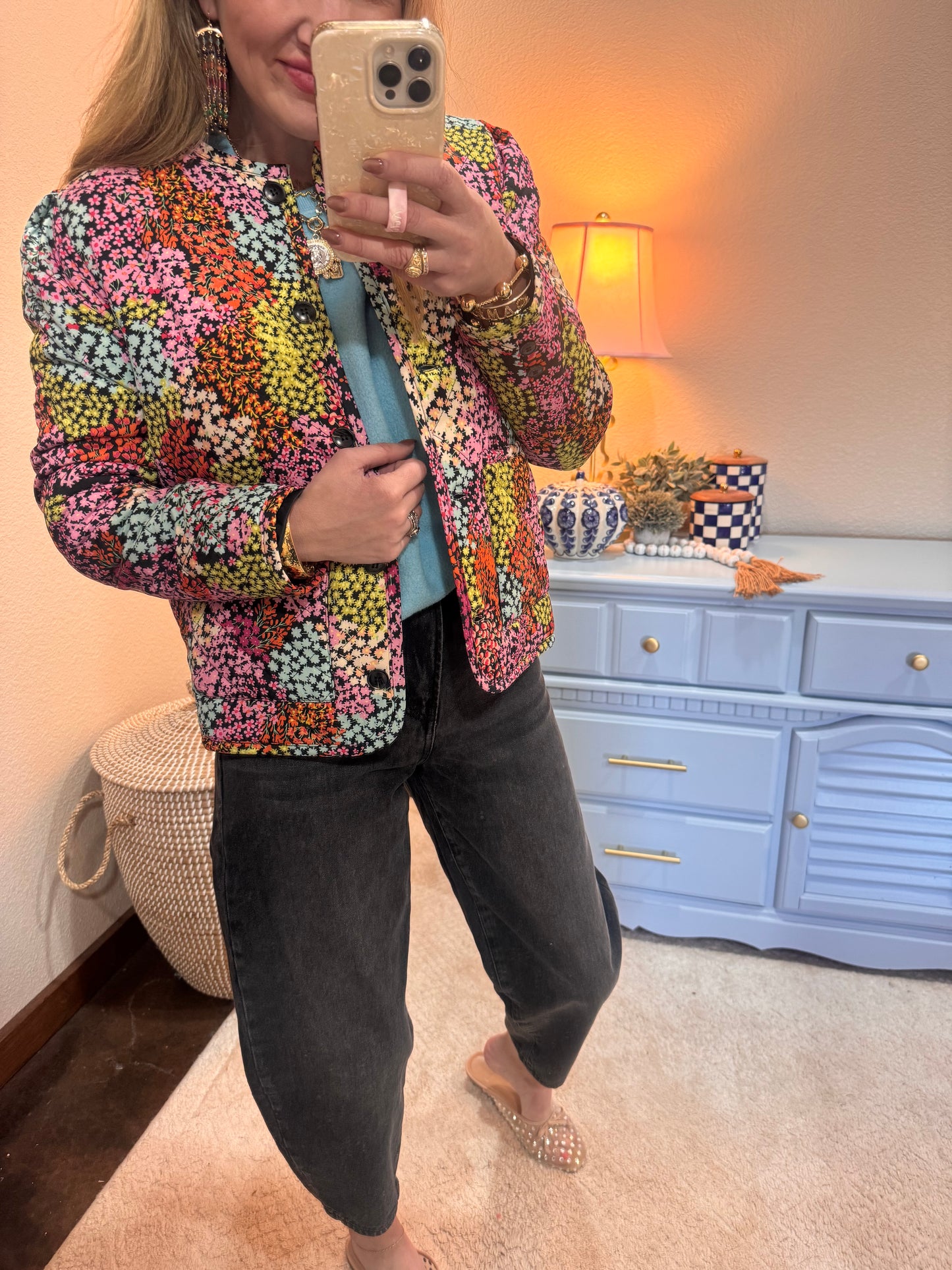 Floral Crew Neck Puff Sleeve Quilted Jacket