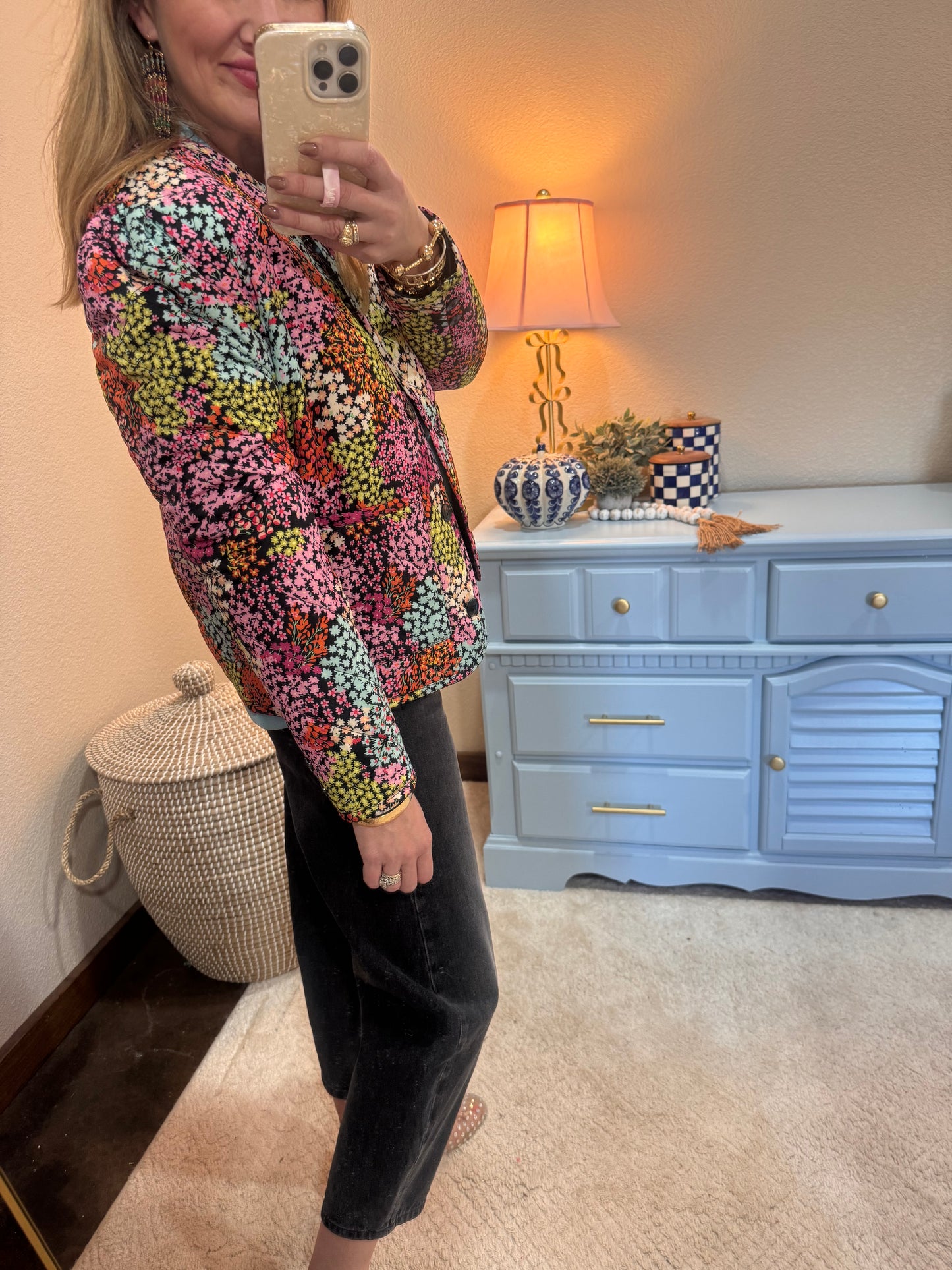 Floral Crew Neck Puff Sleeve Quilted Jacket